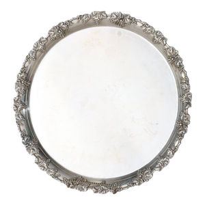 Large Antique Silver Plate Round Serving Tray With Grape & Leaf Border C1890