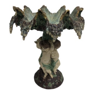 Antique Majolica Cherub Pedestal Centerpiece For Sale