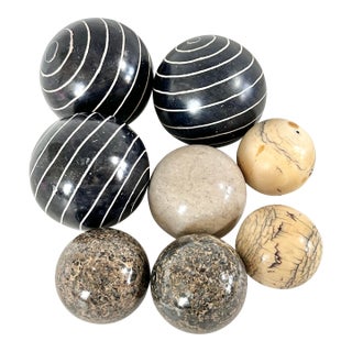 Vintage Stone Decorative Spheres – Marble, Granite & Carved Soapstone Orbs, Coffee Table Decor, Organic Modern Styling Objects - Set of 8 For Sale