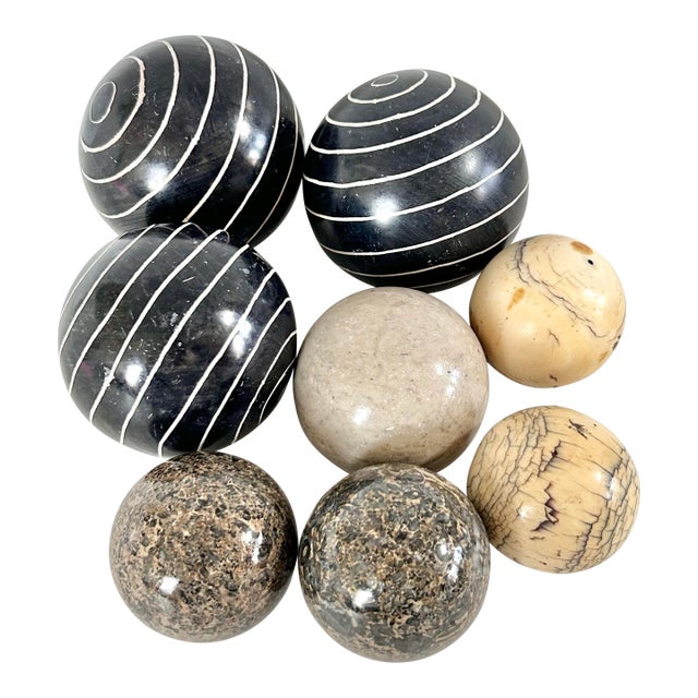 Vintage Stone Decorative Spheres – Marble, Granite & Carved Soapstone Orbs, Coffee Table Decor, Organic Modern Styling Objects - Set of 8 For Sale