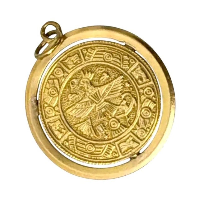 Metal 14k Gold Aztec Calendar Medallion Pendant Vintage For Sale - Image 7 of 7