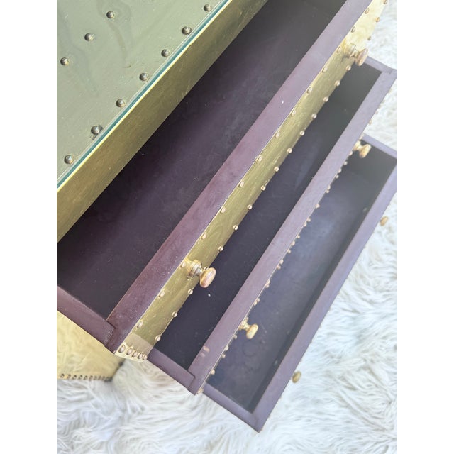 Pair of Vintage Hollywood Regency Brass-Clad Riveted Nightstands With Glass Tops For Sale - Image 11 of 12