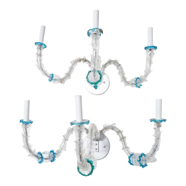 Pair of Foliate 3-Arm Glass Tendril Sconces For Sale