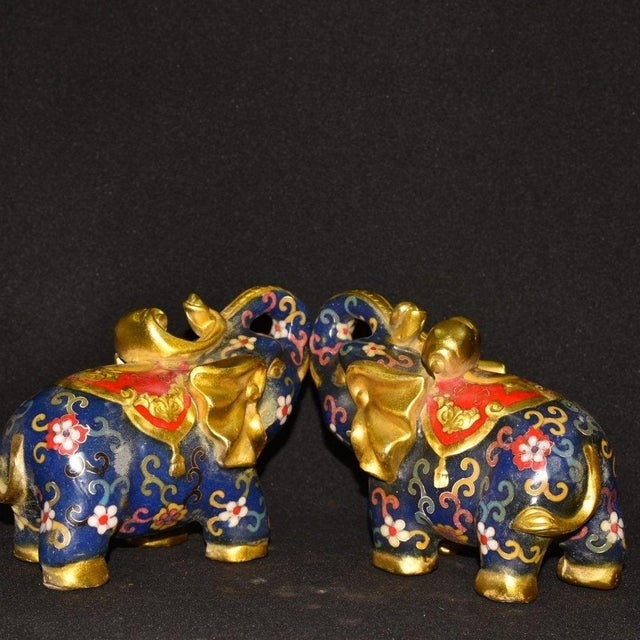 Pair of Vintage Cloisonne Enamel Elephant Figures – 6.7" Gilt Floral Motif Statues For Sale In Los Angeles - Image 6 of 9