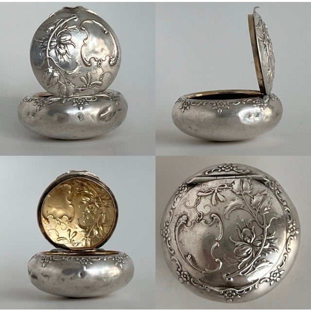 Antique Art Nouveau Repoussé Silver 800 Pill Box With Gilt Interior, Circa 1900 For Sale - Image 10 of 12