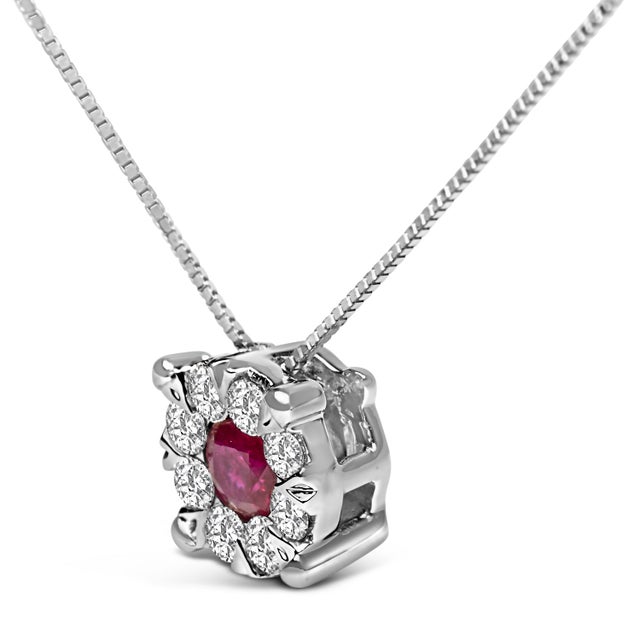 Contemporary 14K White Gold Red Ruby and 1/3 Cttw Diamond Halo Pendant Necklace For Sale - Image 3 of 5