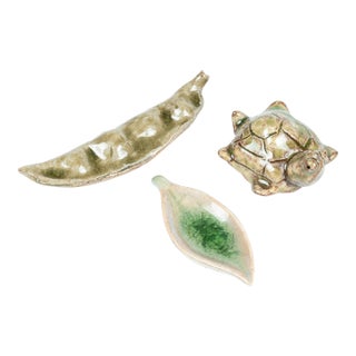 Late 20th Century Ash Glaze Chopstick Rests - Turtle, Leaf, Bean-Pod- Set of 3 For Sale