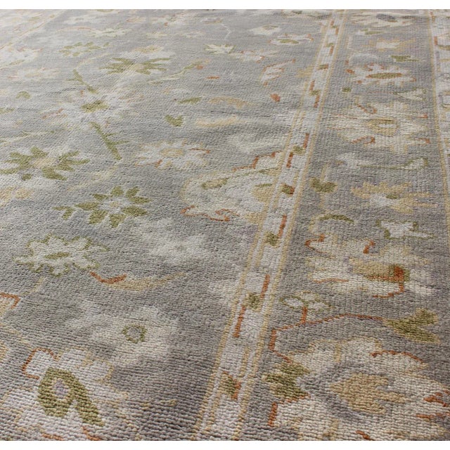 Oushak Rug With Floral Design in Gray Background, Chartreus Green, Cream, Red For Sale In Atlanta - Image 6 of 8