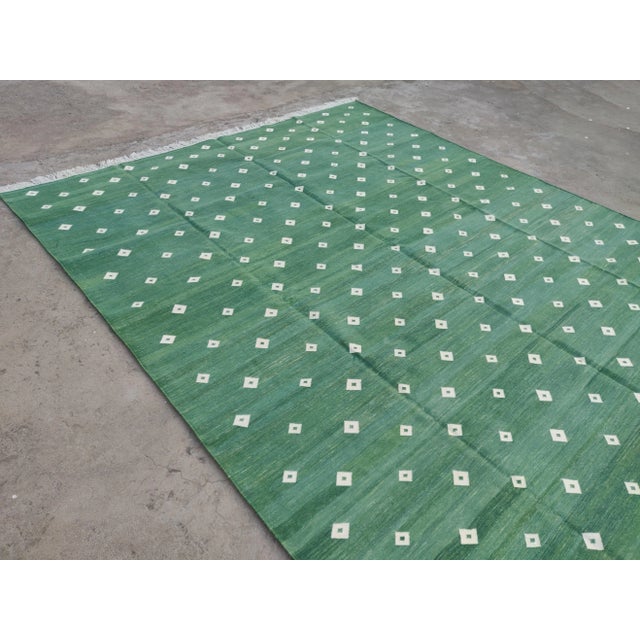 Not Yet Made - Made To Order Handmade Cotton Rug, Forest Green with White Diamonds and Cream Fringe - 4'x6' For Sale - Image 5 of 10