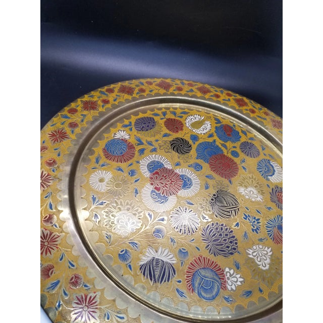 1970s Vintage Engraved and Painted Florals on Brass Tray For Sale - Image 5 of 6