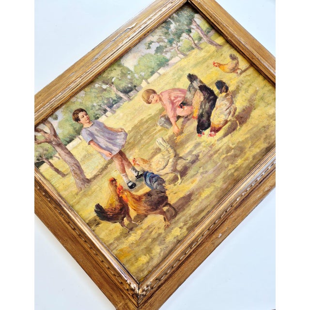 Lo Presti, Children with Chickens, 1920s, Oil Painting on Canvas, Framed For Sale - Image 4 of 15