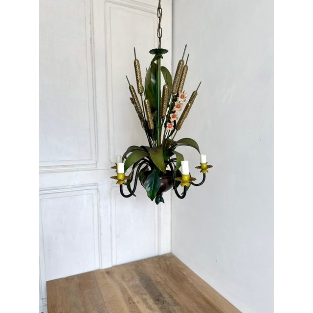 French Country Tole Botanical Five-Light Chandelier with Cattails and Flowers, 1960s For Sale - Image 10 of 17