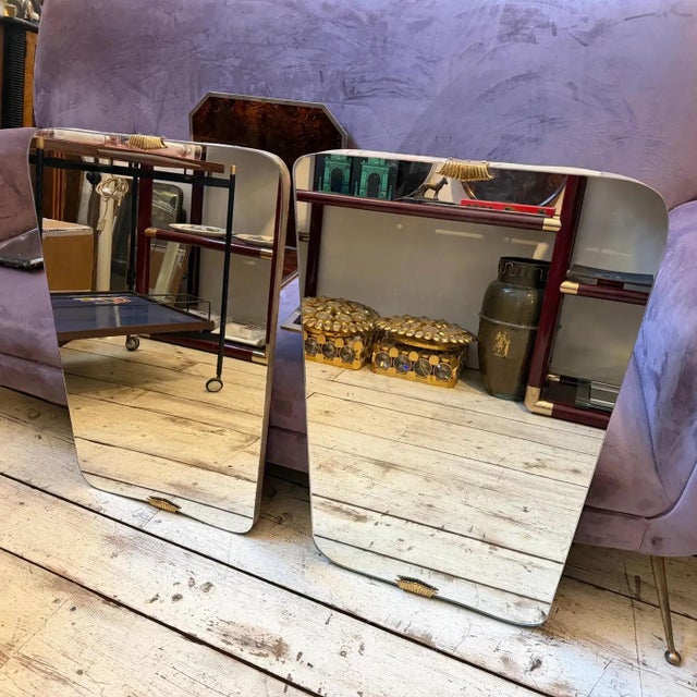 1950s Two 1950s Gio Ponti Style Mid-Century Modern Wood and Brass Wall Mirrors For Sale - Image 5 of 16