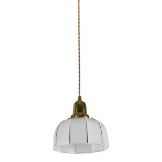 Vintage Milk Glass Pendant W/ Fluted Shade + Gold Detail For Sale