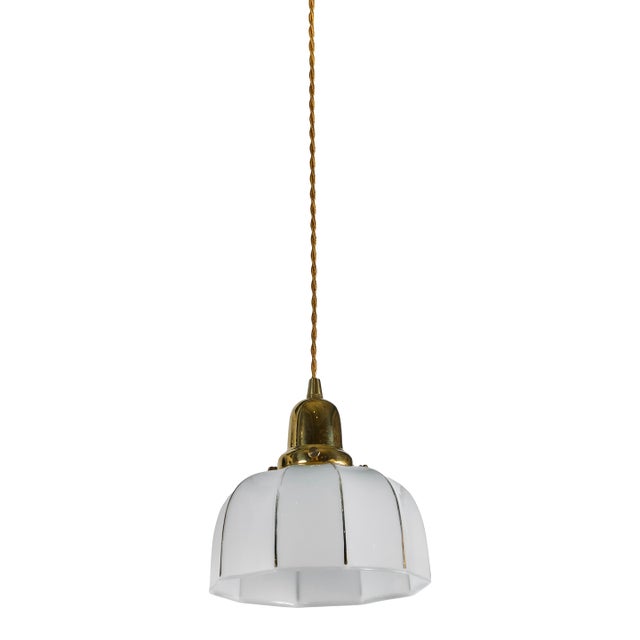 Vintage Milk Glass Pendant W/ Fluted Shade + Gold Detail For Sale