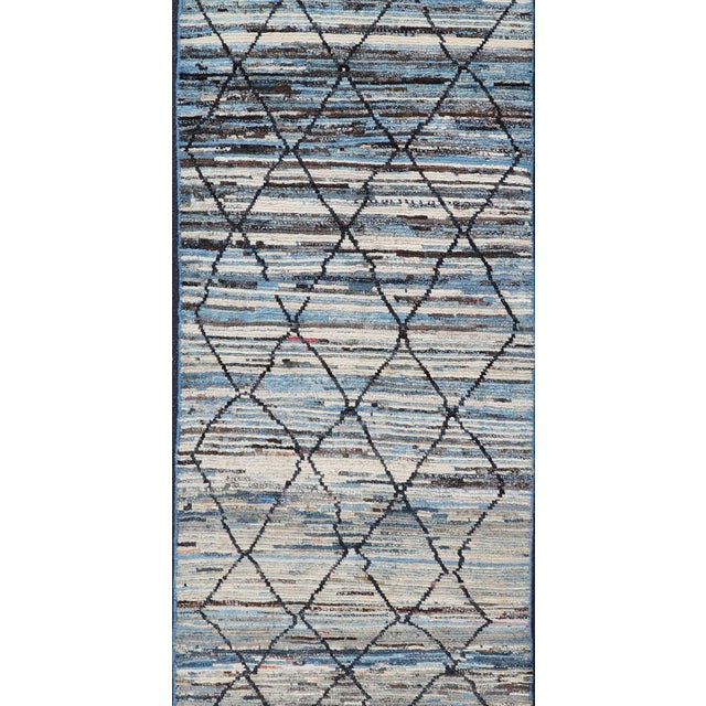 Blue, Neutrals, Charcoal, Gray and Brown Diamond Afghan Modern Geometric Design 2'10 X 12'6 For Sale - Image 10 of 14