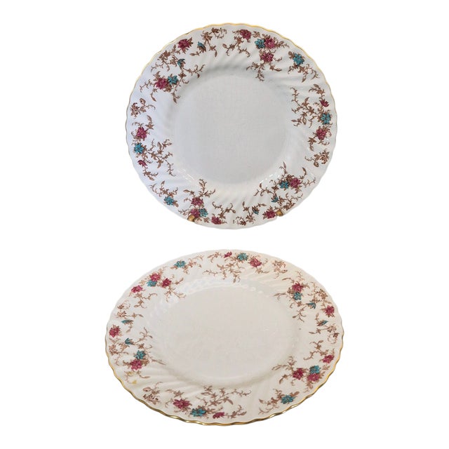 Brick Red Vintage Minton Bone China Plates Platters Scalloped Edge Ancestral Floral Pattern - Pair For Sale - Image 8 of 8