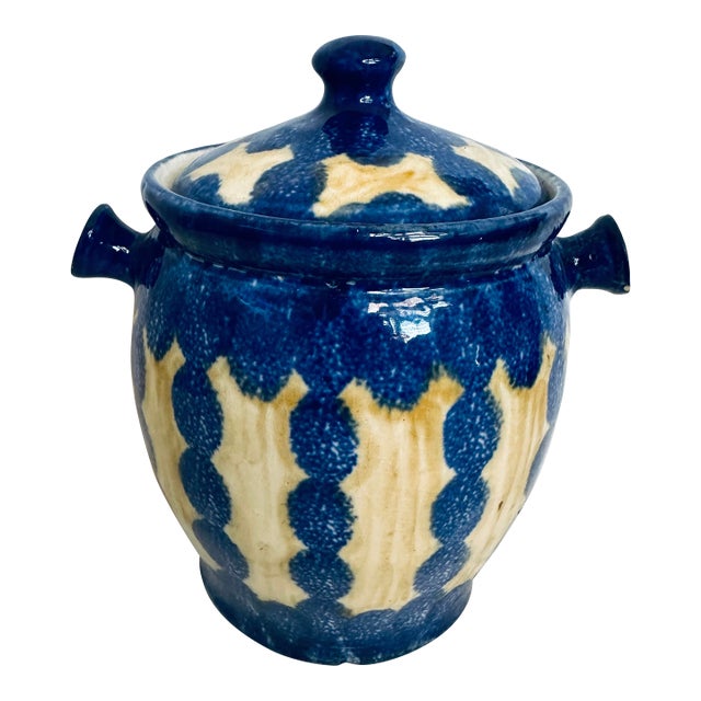 Ebeling & Reuss Blue/Tan Stoneware Canister For Sale