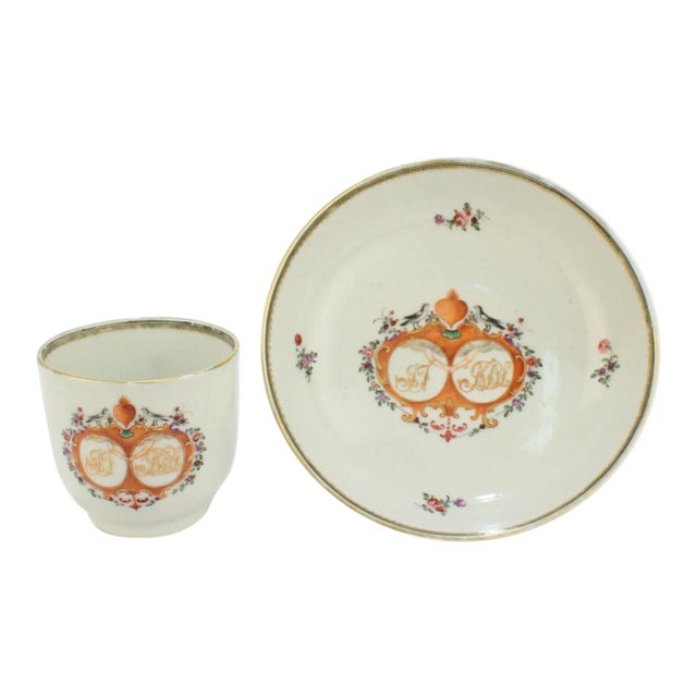 Antique 18th Century Chinese Export Porcelain Marriage or Wedding Cup & Saucer - 2 Pieces For Sale