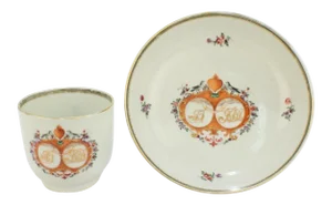 Antique 18th Century Chinese Export Porcelain Marriage or Wedding Cup & Saucer - 2 Pieces