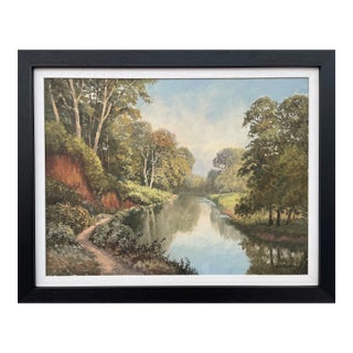 Irish Landscape Art - Vintage Oil Painting of Idyllic River Scene on the Lagan in Ireland by Modern Irish Artist, 1985 Circa For Sale