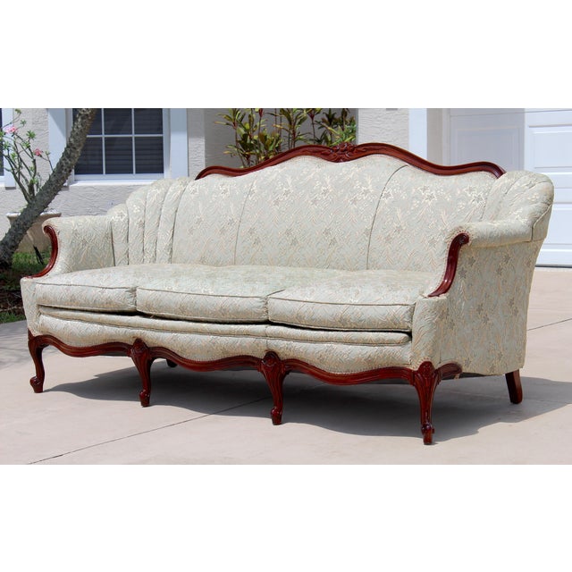 French Provincial Vintage French Provincial Louis XV Style Sofa / Loveseat Settee by Fogle Furniture Co. – Carved Hardwood Frame & Damask Upholstery For Sale - Image 3 of 16