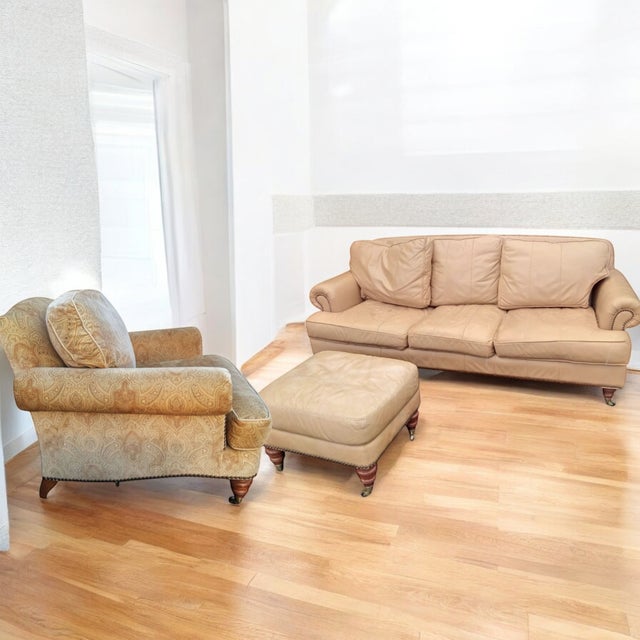 Timeless Elegance of a Liz Claiborne Leather Sofa With the Charm of a Lillian August Armchair and Ottoman. For Sale - Image 9 of 12