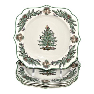 1990s Spode Christmas Tree Garland Square 8 5/8" Salad Plates -Set of 4 For Sale