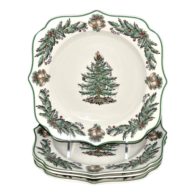 1990s Spode Christmas Tree Garland Square 8 5/8" Salad Plates -Set of 4 For Sale