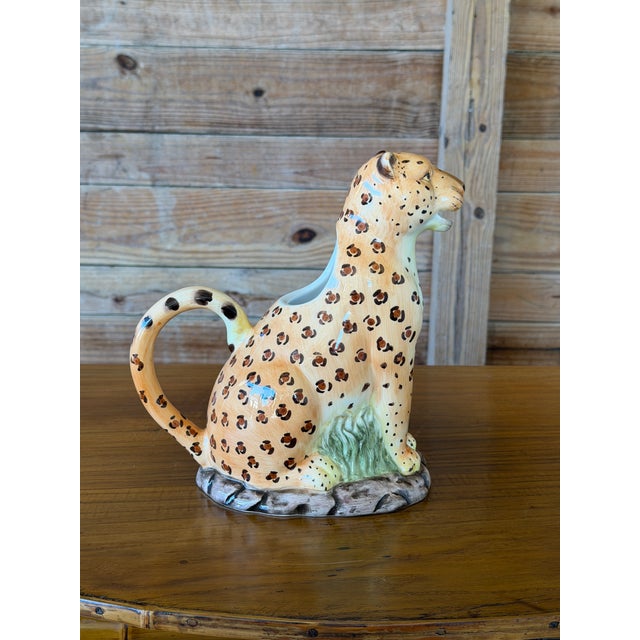 English Vintage Hand-Painted Ceramic Leopard and Cub Figural Pitcher For Sale - Image 3 of 11
