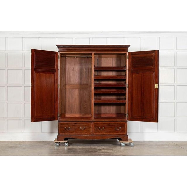 Circa 1890 large 19thcenglish inlaid mahogany double wardrobe together w161 x d57 x h208 cm base w153 x d53 x h45 cm top...