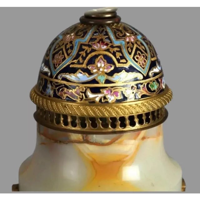 Alabaster Antique French Onyx, Ormolu & Champleve Enameled Table Lamp Circa 1920 For Sale - Image 8 of 11