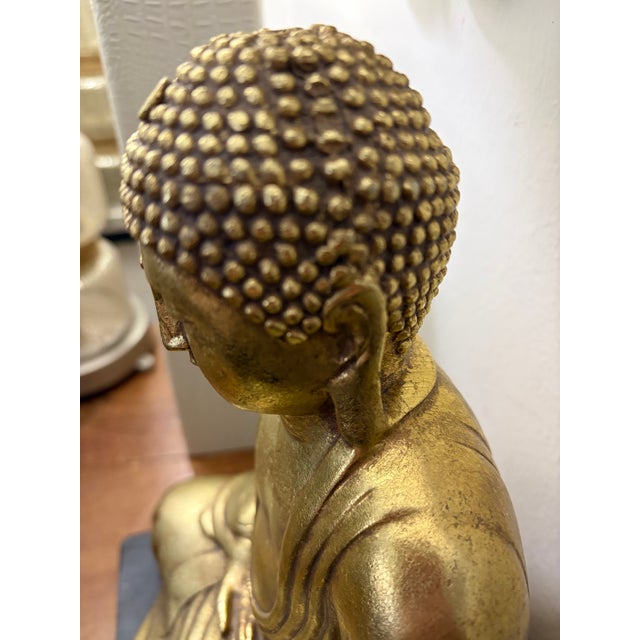 Ceramic Gold Tone Sitting Buda Statue on Wood Base For Sale - Image 10 of 11