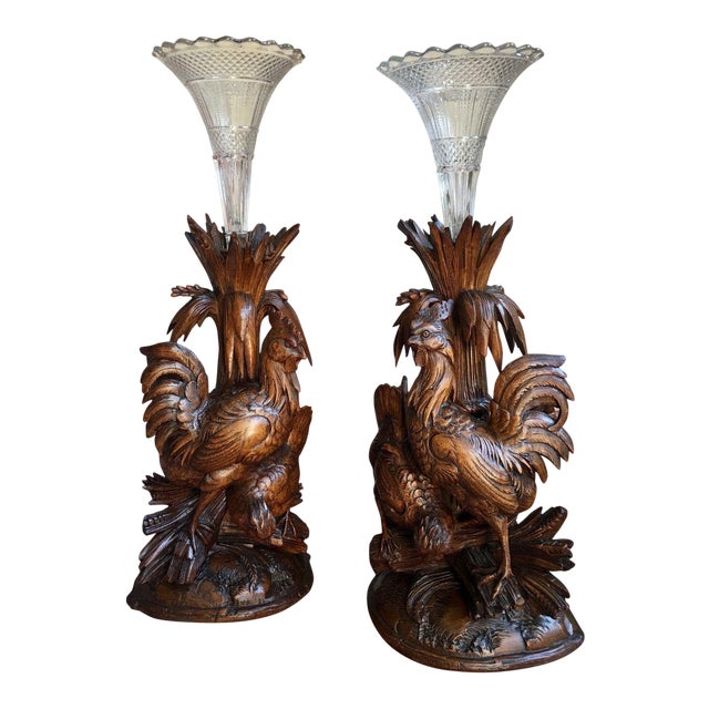 Pair 19th Century Antique Black Forest Bird Chicken Epergne Vases Carved Wood Candlestick For Sale