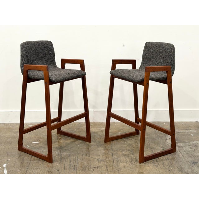 Mid-Century Modern 1960s Pair Danish Modern Teak Barstools - Mid Century Upholstered Bar Stools For Sale - Image 3 of 9