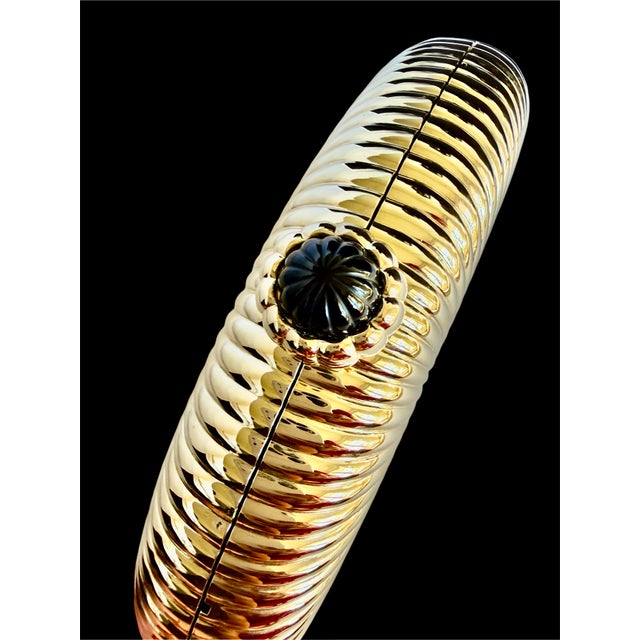2010s Judith Leiber Gold Ribbed Half Oval Onyx Gem Crystal Minaudiere Evening Bag For Sale - Image 5 of 15