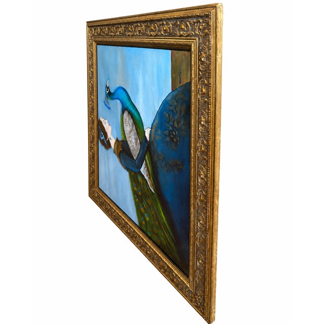 Early 21st Century Vintage Painting of Woman With Peacock in Ornate Gold Frame – Contemporary Figurative Art For Sale - Image 5 of 6