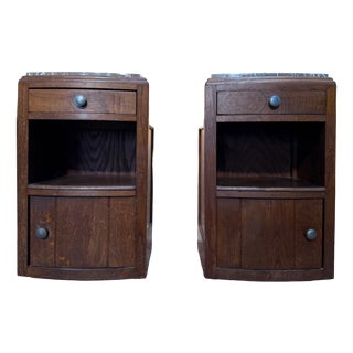 Art Deco Bedside Tables in Oak and Marble, 1930s, Set of 2 For Sale