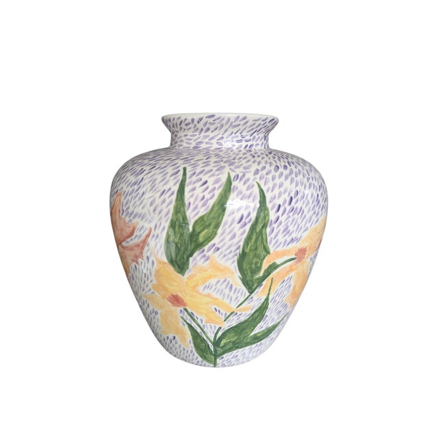 Vintage 1990s Studio Pottery Hand painted purple Vase with a botanical pattern on all sides Opening 4" x 4" Base 5" x 5"