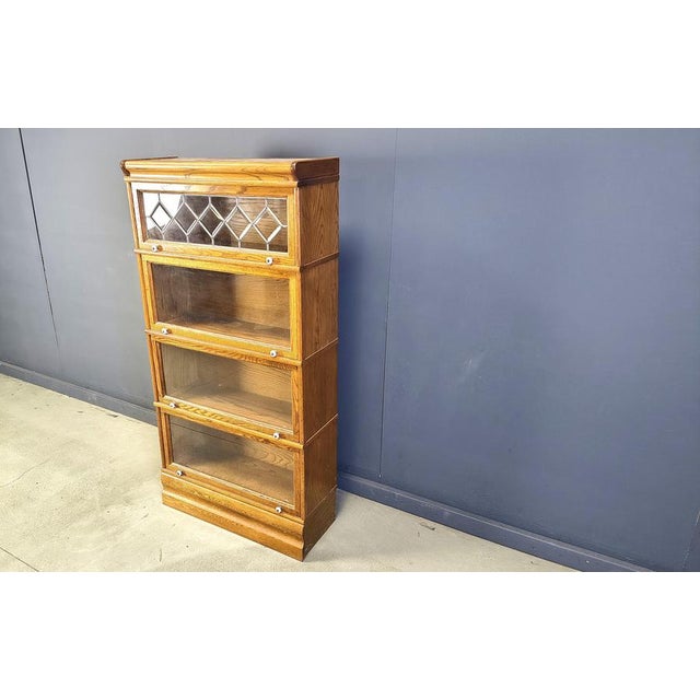Wood Oak Four Tier Barrister Bookcase with Leaded Glass, 1920 For Sale - Image 7 of 11