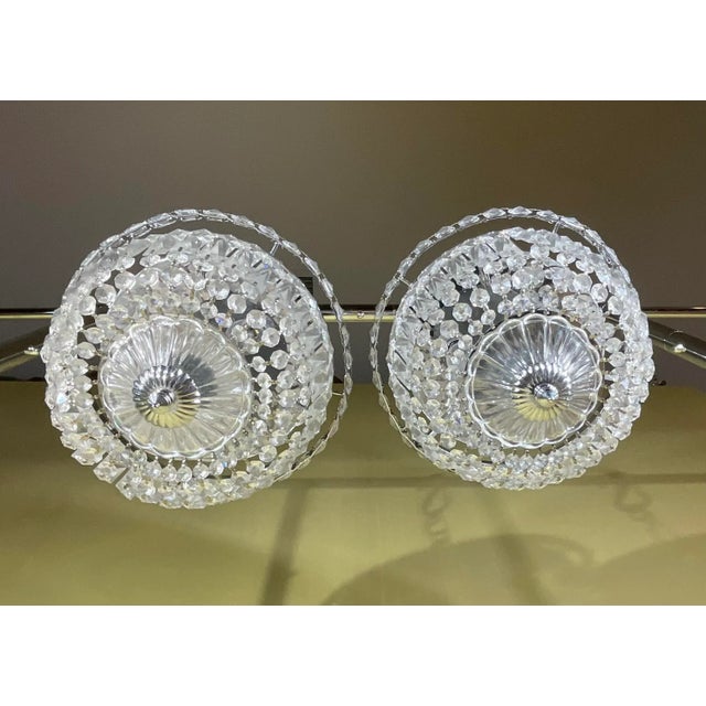 Chrome Pair of 1940's Hollywood Style Crystal Drop-Down Flush Mount Chandelier For Sale - Image 8 of 12