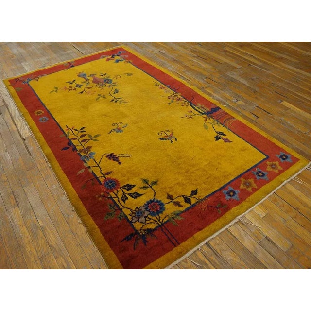 1920s Goldenrod Vase Floral Antique Chinese Art Deco Carpet 4' X 6'10" Handknotted Wool Rug For Sale - Image 4 of 12