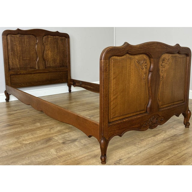 Vintage Louis XVI French Oak Single Bed Frame with Carved Headboard For Sale - Image 4 of 11