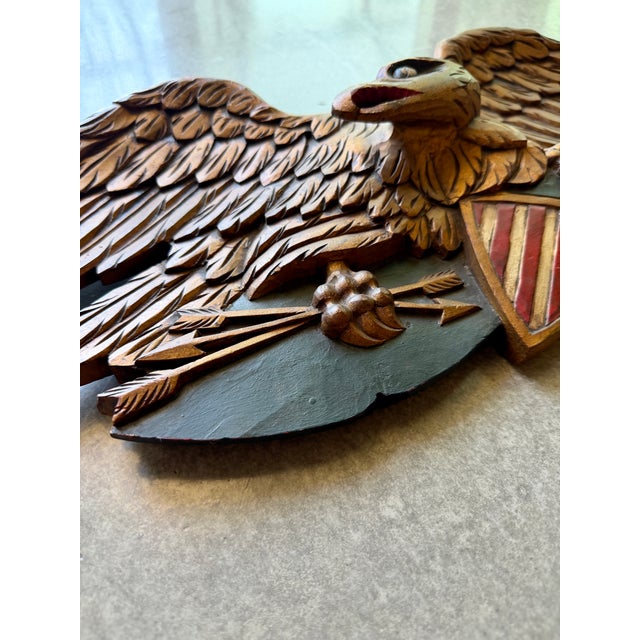 1950s Folk Art Mid-Century Artistic Carving Co. Louisburg Wood Eagle Plaque Bellamy Style Americana Wall Sculpture For Sale - Image 12 of 16