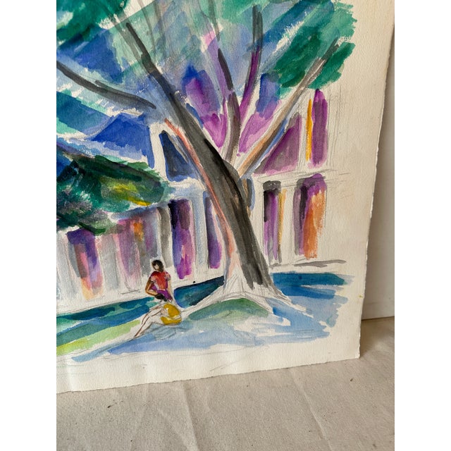 Green Abstract Watercolor Painting of Tree Outside Building For Sale - Image 8 of 9