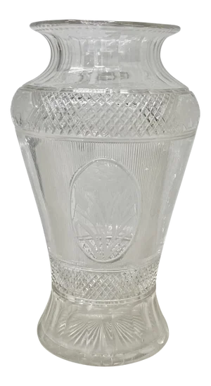 Antique Hand Cut Crystal Vase With Floral & Grape Motif C.1920