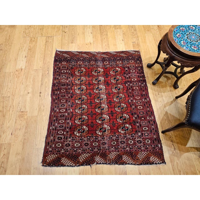 Vintage Turkmen Tekke Area Rug in Allover Geometric Pattern in Brick-Red, Navy, Ivory, Brown For Sale - Image 16 of 16