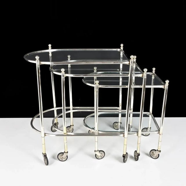Metal Silver Plated Brass Nesting Tables with Wheels from Maison Jansen, France, Set of 3 For Sale - Image 7 of 18