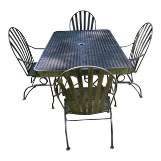 1970s Heavy Wrought Iron Patio Set Table & 4 Rockers For Sale