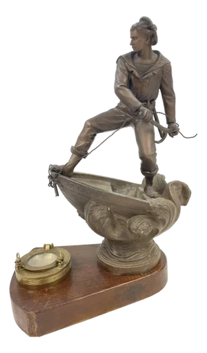 Le Gardien Bronze Statue with Brass Ashtray, 1800s
